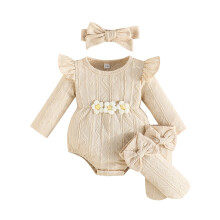 (0-3 Months, Beige) Neugeborenen-Mädchen-Outfit, langärmliger Strampler mit Blumenmuster, mit Stirnband und Socken, Herbstkleidung