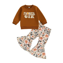 (18-24 Months, Beige) Herbstoutfit für Mädchen: Pullover mit Stickerei & Schlaghose im Set, 2-teilig