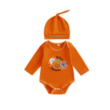 (3-6 Months, Orange) Kombinezon chłopięcy na Halloween z długim rękawem i haftowaną dynią, idealny dla malucha. Uroczy strój.