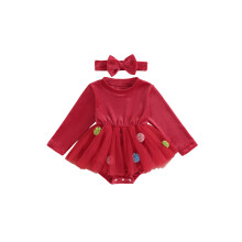 (3-6 Months, Red) Weihnachtsoutfit für Babys (Mädchen): 3D-Hortensien-Stramplerkleid mit langen Ärmeln + Haarband (2-teilig)