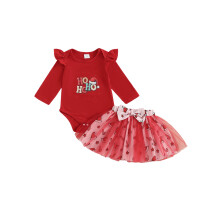 (0-3 Months, Red) Weihnachtsoutfit für Babys (Mädchen): Langarm-Strampler mit Buchstabenprint + Tüllrock mit Schleife