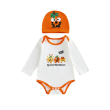 (0-3 Months, White) Kombinezon chłopięcy na Halloween z długim rękawem i haftowaną dynią, idealny dla malucha. Uroczy strój.
