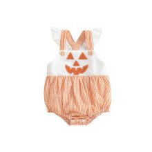 (6-12 Months, Orange) Halloween Baby Strampler mit Kürbisgesicht-Stickerei und Flügelärmeln, kariert für den Herbst.