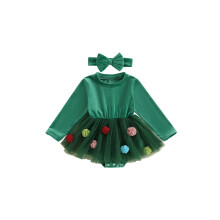 (18-24 Months, Green) Weihnachtsoutfit für Babys (Mädchen): 3D-Hortensien-Stramplerkleid mit langen Ärmeln + Haarband (2-teilig)