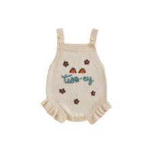 (2-3 Years, Beige) Baby Mädchen Strickstrampler Ärmellos Quadratischer Ausschnitt Buchstabenstickerei Rüschen Body Neugeborenen Overall