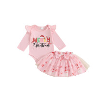 (12-18 Months, Dark Pink) Weihnachtsoutfit für Babys (Mädchen): Langarm-Strampler mit Buchstabenprint + Tüllrock mit Schleife