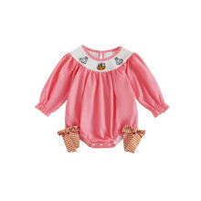 (12-18 Months, Pink) Modischer Baby-Mädchen-Strampler mit Halloween-Kürbisstickerei und Schleife, langärmeliger Bubble-Overall