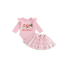 (0-3 Months, Pink) Weihnachtsoutfit für Babys (Mädchen): Langarm-Strampler mit Buchstabenprint + Tüllrock mit Schleife