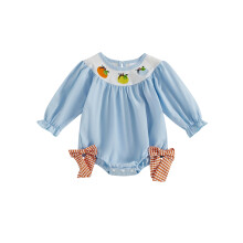 (6-12 Months, Sky Blue) Modischer Baby-Mädchen-Strampler mit Halloween-Kürbisstickerei und Schleife, langärmeliger Bubble-Overall