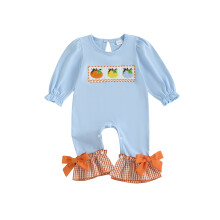 (12-18 Months, Sky Blue) Baby Mädchen Halloween Strampler mit Geister- und Kürbisstickerei, langen Ärmeln, Rundhalsausschnitt, Karomuster