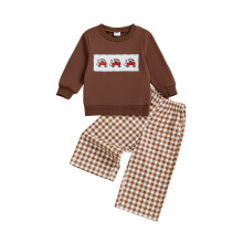 (2-3 Years, Brown) Herbstoutfit für Jungen: Rugby-Sweatshirt und Karohose, 2-teiliges Set für Kleinkinder