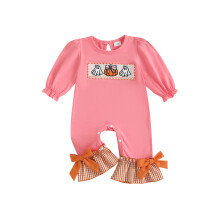 (12-18 Months, Pink) Baby Mädchen Halloween Strampler mit Geister- und Kürbisstickerei, langen Ärmeln, Rundhalsausschnitt, Karomuster