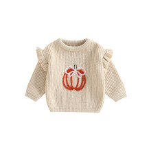 (6-9 Months, Khaki) Kislány őszi pulóver hosszú ujjú kerek nyakú masni tökös hímzés kötött felsők