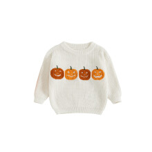 (18-24 Months, White) Toddler Boy Girl Halloween Sweater Pumpkin Embroidered Crewneck Long Sleeve Pullover Chunky Knit Tops