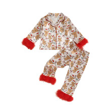 (3-4 Years, Red) 2-teiliger Weihnachtspyjama für Mädchen: Langarmshirt mit Schleifenmuster und Hose (Set) – Kleinkind-Loungewear