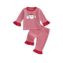 (6-12 Months, Red) Weihnachtliches Streifen-Outfit für Mädchen: Pullover mit Weihnachtsmann-Stickerei + Rüschenhose, 2-teiliges Set