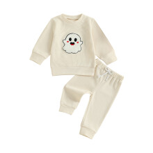 (12-18 Months, Apricot) Halloweenský outfit pro batole a chlapečka, mikina s duchem, dlouhé rukávy, 2dílná sada tepláků