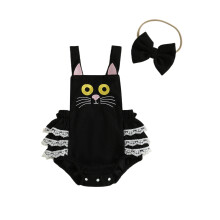 (12-18 Months, Black) Baby-Mädchen-Latzhose, Halloween-Jumpsuit, ärmellos, Stufenrock mit Cartoon-Katze und passendem Haarband