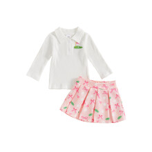 (2-3 Years, White) Mädchen Herbst 2-teiliges Rock-Outfit-Set: Langarm-Top mit Reverskragen und Knopfleiste, Rock mit Golf-Schleifenprint