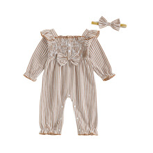 (9-12 Months, Coffee) Herbstliches Outfit für Babys: Langärmliger Streifen-Jumpsuit mit Schleifenstirnband