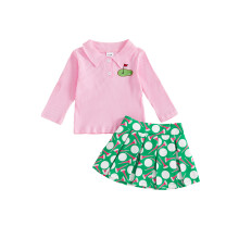 (12-18 Months, Pink) Mädchen Herbst 2-teiliges Rock-Outfit-Set: Langarm-Top mit Reverskragen und Knopfleiste, Rock mit Golf-Schleifenprint