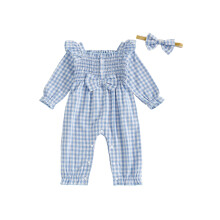(9-12 Months, Blue) 2-teiliges Herbstoutfit für Babys: Langarm-Jumpsuit mit Ausschnitt, Schleife vorne und Smokdetails, inkl. Haarband