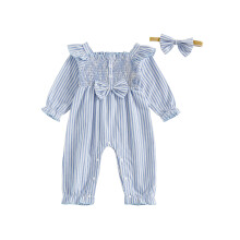 (12-18 Months, Blue) Herbstliches Outfit für Babys: Langärmliger Streifen-Jumpsuit mit Schleifenstirnband