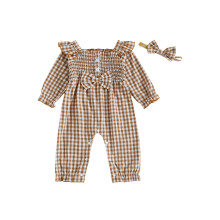 (9-12 Months, Coffee) 2-teiliges Herbstoutfit für Babys: Langarm-Jumpsuit mit Ausschnitt, Schleife vorne und Smokdetails, inkl. Haarband