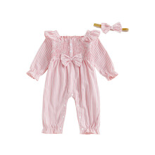 (3-6 Months, Pink) Herbstliches Outfit für Babys: Langärmliger Streifen-Jumpsuit mit Schleifenstirnband