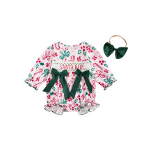 (6-12 Months, Pink) 2-teiliges Weihnachts-Outfit für Babys: Langarm-Strampler mit Schleife und passendem Stirnband – Neugeborenenkleidung