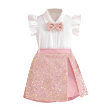(7-8 Years, Pink) Tini lányok ruhakészlete, divatos, repülő ujjú, hajtókás ingek flitteres szoknyával, 2 db-os öltözék
