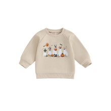 (12-18 Months, Khaki) Halloween-Sweatshirt für Kleinkinder mit Kürbis- und Geisterprint, Rundhalsausschnitt und langen Ärmeln