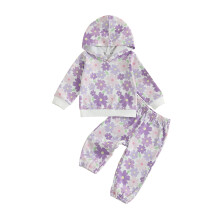 (9-12 Months, Purple) Kislány kétrészes szett, virágmintás hosszú ujjú kapucnis pulóver melegítőnadrággal, őszi ruhák
