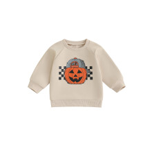 (4-5 Years, Beige) Halloween-Sweatshirt für Kleinkinder mit Kürbis- und Geisterprint, Rundhalsausschnitt und langen Ärmeln