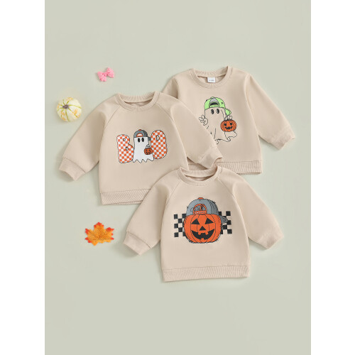 (4-5 Years, Beige) Φούτερ νήπια κολοκύθας φάντασμα Halloween, με μακρύ μανίκι φθινόπωρο 2