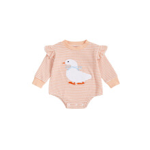 (6-12 Months, Pink) Kislány kacsa hímzett romper baba hosszú ujjú O-nyakú édes csíkos overál