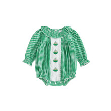 (12-18 Months, Green) Baba lányok karácsonyi hímzett romper kockás gallérral, hosszú ujjú jumpsuit újszülötteknek