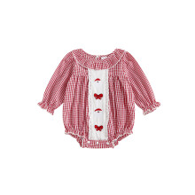 (12-18 Months, Red) Baba lányok karácsonyi hímzett romper kockás gallérral, hosszú ujjú jumpsuit újszülötteknek
