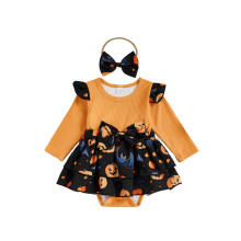 (9-12 Months, Yellow) Kislány halloweeni ruhák hosszú ujjú tökmintás szoknya romper fejpántos szettel újszülött ruhák