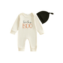 (6-12 Months, Beige) Komplet dla chłopca, halloweenowy kombinezon z długim rękawem i czapeczką, z nadrukiem dyni, haftowany