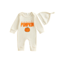 (0-3 Months, Apricot) Komplet dla chłopca, halloweenowy kombinezon z długim rękawem i czapeczką, z nadrukiem dyni, haftowany