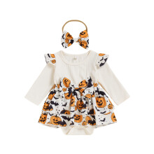 (12-18 Months, Beige) Kislány halloweeni ruhák hosszú ujjú tökmintás szoknya romper fejpántos szettel újszülött ruhák
