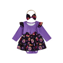 (6-9 Months, Purple) Kislány halloweeni ruhák hosszú ujjú tökmintás szoknya romper fejpántos szettel újszülött ruhák