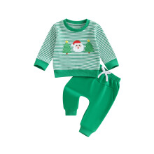 (12-18 Months, Green) Vánoční oblečení pro batolata - svetr s výšivkou Santa a kulatým výstřihem + 2 ks jednobarevných kalhot