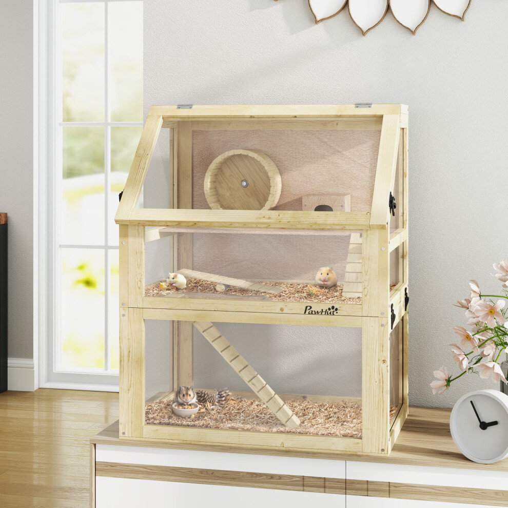 Pawhut (Yellow) Wooden Hamster Cage W/ Detachable Bottom, Hut, Seesaw Yellow