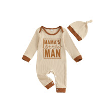 (0-3 Months, Beige) Salopetă băieți primăvară/toamnă, mânecă lungă, guler rotund, imprimare litere, cu pălărie
