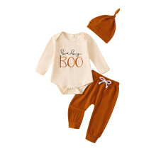 (6-12 Months, Beige) Kisfiú Halloween jelmez betűmintás hosszú ujjú romper egyszínű nadrág és sapka 3 db-os szett