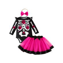 (9-12 Months, Black) Conjunto disfraz Halloween niña 3 piezas: mono esqueleto, diadema lazo y falda tul.