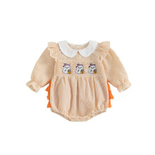 (3-6 Months, Orange) Halloween-Jumpsuit für Babys und Mädchen, langärmelig, mit Puppenkragen, Geisterstickerei und Streifenmuster