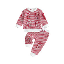 (18-24 Months, Red) Kisfiú karácsonyi ruhák hosszú ujjú pulóver + csíkos mintás nadrág szett kisgyermek téli ruhák